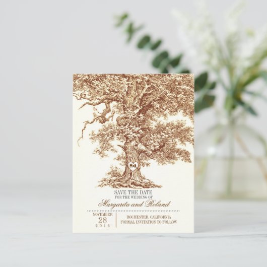 Bruine oude eik boom bewaar de datum briefkaarten (Staand voorkant)