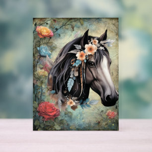 Bruine paard in bloemen. acryl bord