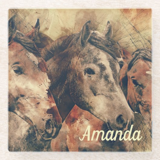 Bruine paarden glazen onderzetter (Voorkant)