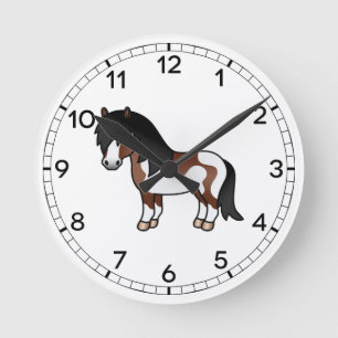 Bruine Pinto Shetlandpony Cartoonillustratie Ronde Klok