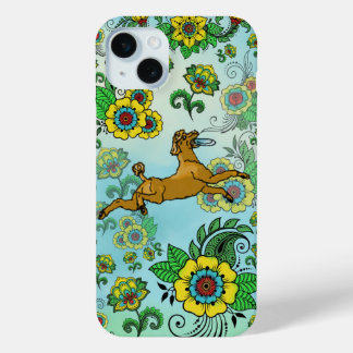 Bruine poedel met frisbee op Paisley achtergrond iPhone 15 Mini Hoesje