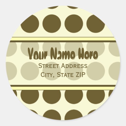Bruine Polka Dot met Gele Adresetiketten Ronde Sticker (Voorkant)