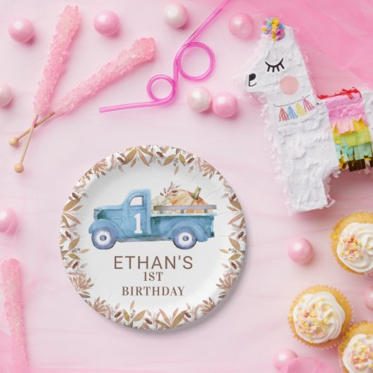 Bruine pompoen vrachtwagen 1ste verjaardag papieren bordje (Feest)