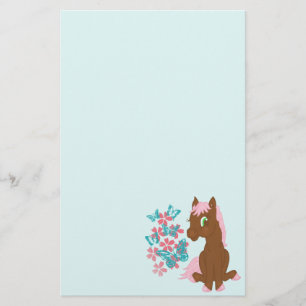 Bruine Pony met bloemen en Briefpapier van Butterf
