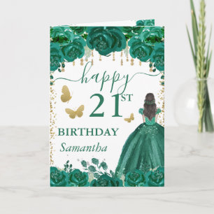 Bruine Prinses Groene Jurk Verjaardag Kaart