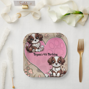 Bruine Puppied Hond Roze Poot & Hart Verjaardagsfe Papieren Bordje