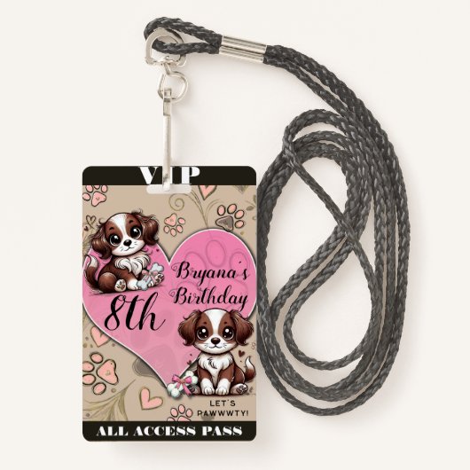 Bruine Puppy Hond Roze Poot & Hart Verjaardag VIP Badge (Voorkant met draagriem)