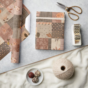 Bruine Quilt Aardse Gingham Cottagecore Bloem Cadeaupapier