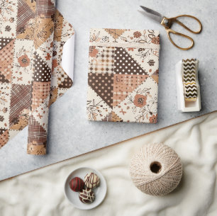 Bruine Quilt Aardse Gingham Cottagecore Bloem Cadeaupapier