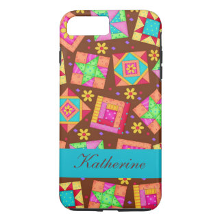 Bruine Quilt Art Patchwork Blokken Naam Gepersonal iPhone 8 Plus / 7 Plus Hoesje