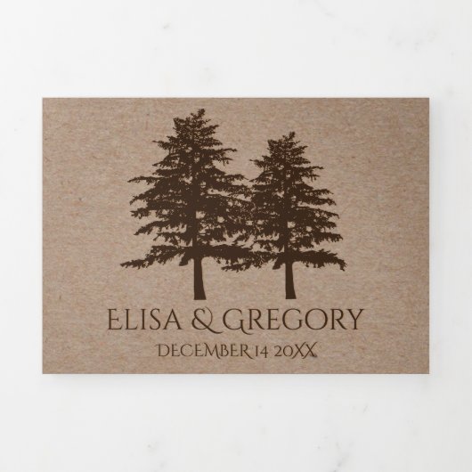 Bruine reliëfbomen op kraftpapier winterbruiloft drieluik uitnodiging (Cover)