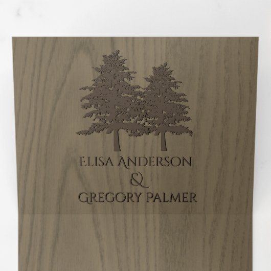 Bruine reliëfbomen op sepia hout winter bruiloft drieluik uitnodiging (Binnenzijde eerst)