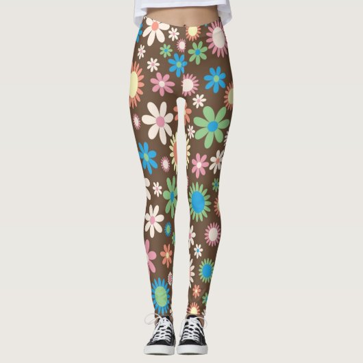 Bruine, roze en blauwe retro Flowers Leggings (Voorkant)