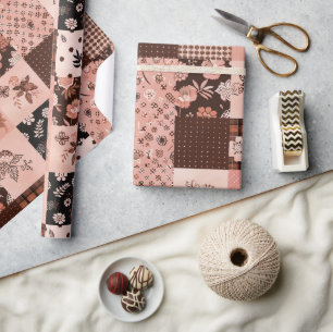 Bruine Roze Quilt Gingham Cottagecore Bloem Cadeaupapier