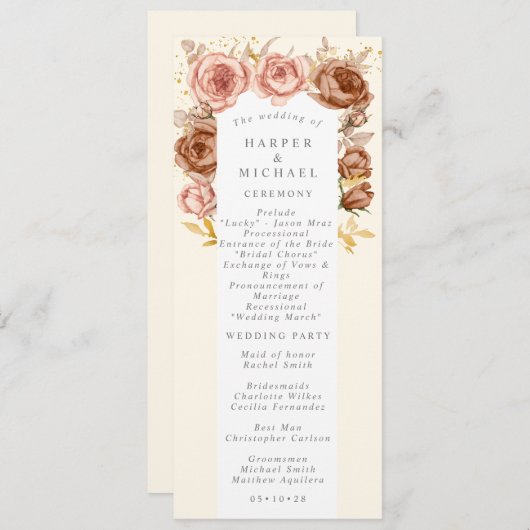 Bruine rozen gootsteenroze goudbruiloft programma (Voorkant / Achterkant)