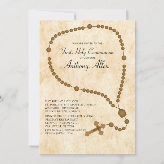 Bruine Rozenkrans Kralen Eerste Heilige Communie Kaart (Voorkant)