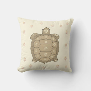 Bruine Schildpad Kunst & Bloemen op Champagne Beig Kussen
