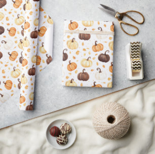 Bruine Sinaasappel Crème Pompoenen Bladeren Cadeaupapier