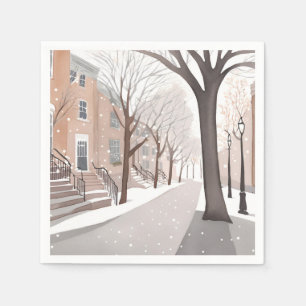 Bruine Stenenstraat Sneeuwige Winter Aquarel Servet