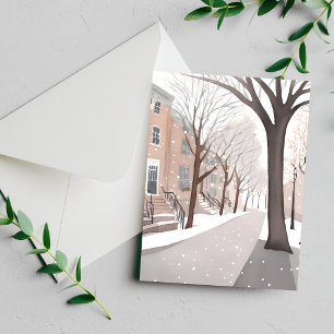 Bruine stenenstraat   Sneeuwwinter Aquarelkaart