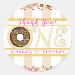 Bruine Strooi Donut Donuts Eén 1e Verjaardagsfeest Ronde Sticker