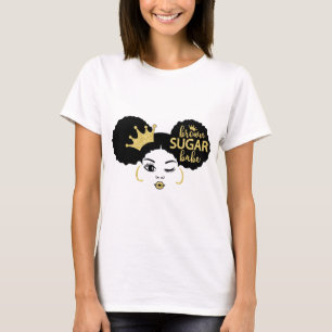 Bruine Suiker Babe in Zwart en Goud T-shirt