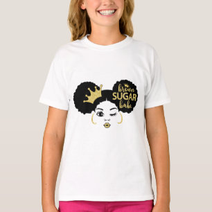 Bruine suikerbaby in zwart en goud t-shirt