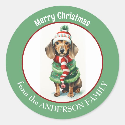 Bruine Tachshund Hond in Winter Kleding Kerstmis Ronde Sticker (Voorkant)