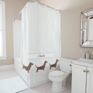 Bruine Teckels op Beige Strepen Custom Name Douchegordijn