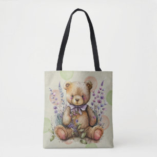 Bruine Teddy Bear Lavender Flowers and Polkadots Draagtas