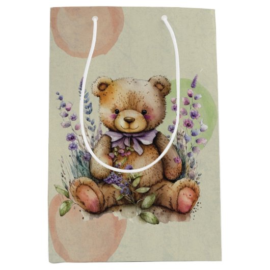 Bruine Teddy Bear Lavender Flowers and Polkadots Medium Cadeauzakje (Voorkant)