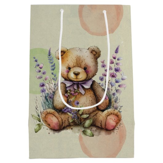 Bruine Teddy Bear Lavender Flowers and Polkadots Medium Cadeauzakje (Achterkant)