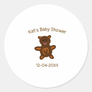 Bruine teddybeer baby shower naam toevoegen datum  ronde sticker