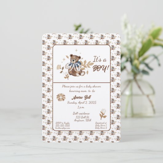 Bruine teddybeer, het is een jongen! douchen kaart (Staand voorkant)