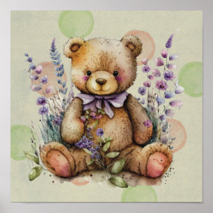 Bruine teddybeer lavendelbloemen en polkadots  poster