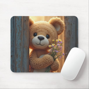 Bruine teddybeer met een boeket wilde bloemen muismat