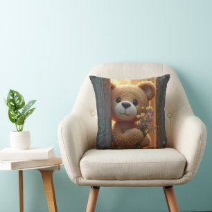 Bruine teddybeer met een wildflower boeket kussen