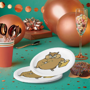 Bruine tekenfilmhamster met kaas papieren bordje