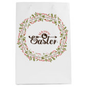 Bruine tekst Pasen en kleurrijke bloemenkrans Medium Cadeauzakje (Voorkant)