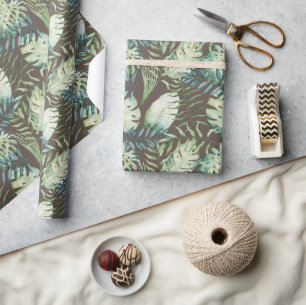 Bruine Tropische Groene Bladeren Cadeaupapier