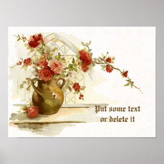 bruine vaas met rode rozen waterverf poster