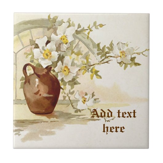 bruine vaas met witte rozenwaterverf tegeltje (Voorkant)