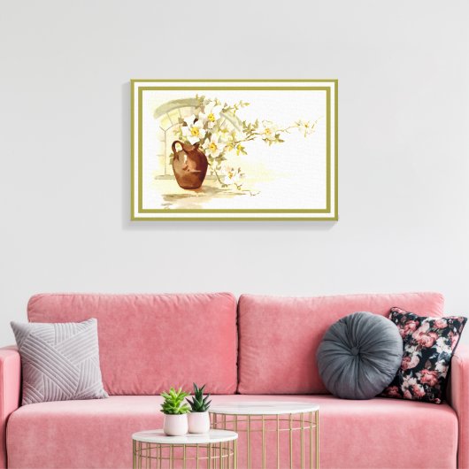 bruine vaas witte rozen waterverf print (Insitu (Woonkamer))