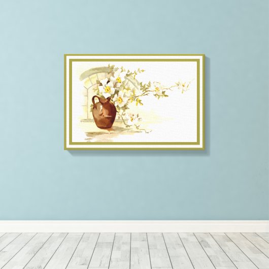 bruine vaas witte rozen waterverf print (Insitu (Houten vloer))