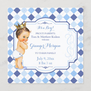 Bruine vintage babykroon kleine prins argyle aankondiging
