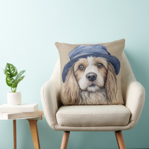 BRUINE & WITTE SHAGGY DOG MET BLAUW PET KUSSEN