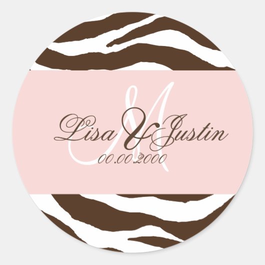 Bruine zebra/monogramstickers ronde sticker (Voorkant)
