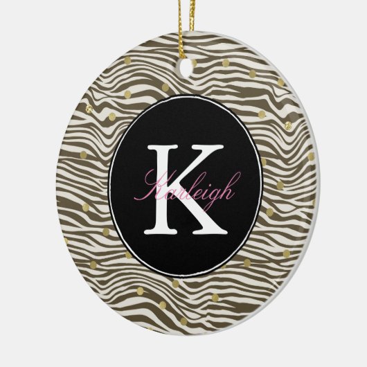 Bruine Zebra Print Gouden Confetti Monogram Keramisch Ornament (Links)