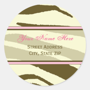 Bruine Zebra Print met Roze Adresetiketten Ronde Sticker