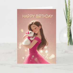 Bruinharig meisje in hete roze met verjaardag van  kaart